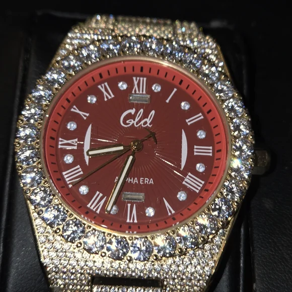 GLD Gold Iced Out 42MM Fully Iced Alpha Era® w/Diamond Prong Link Band /Red Face - Picture 1 of 12